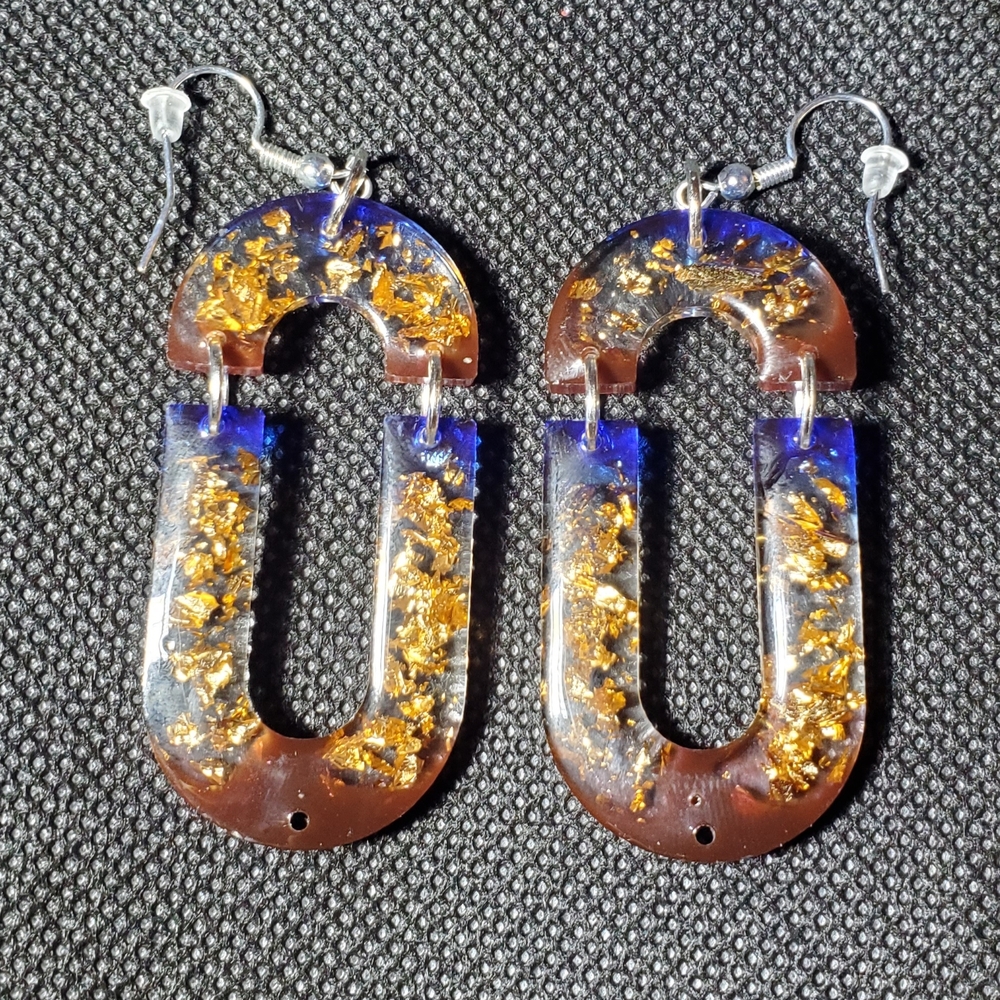 Gold and Blue Resin Hoop Earrings - Picture 2 of 9